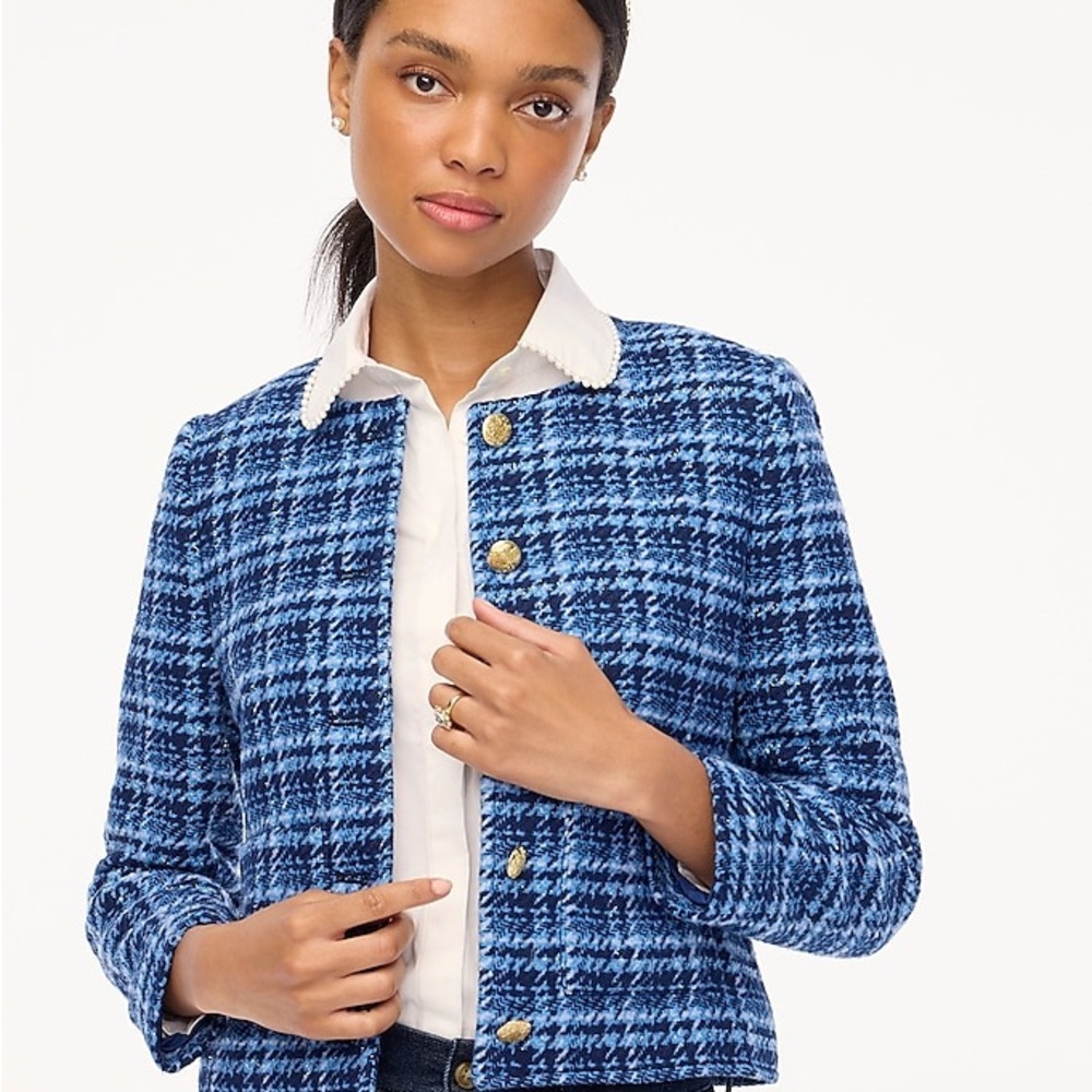 J Crew Cropped Blue Plaid Blazer